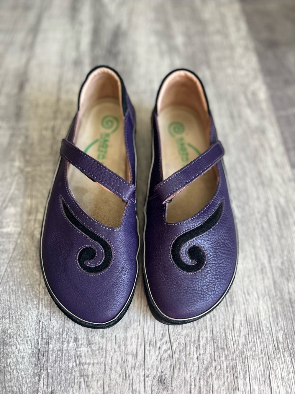 Naot Purple Leather Mary Jane Flats with Black Swirl Detail